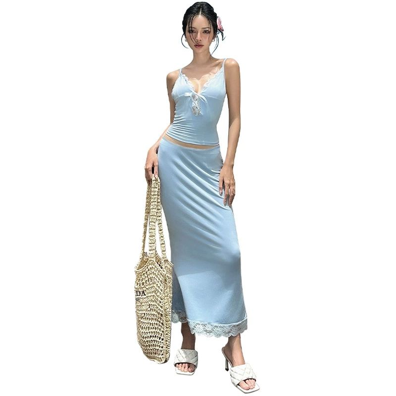Y2k Matching Suit Women’s 2 Piece Summer Outfits Lace Trim Sleeveless Tie Front Cami Crop Tops and Long Maxi Skirt Set Beachwear