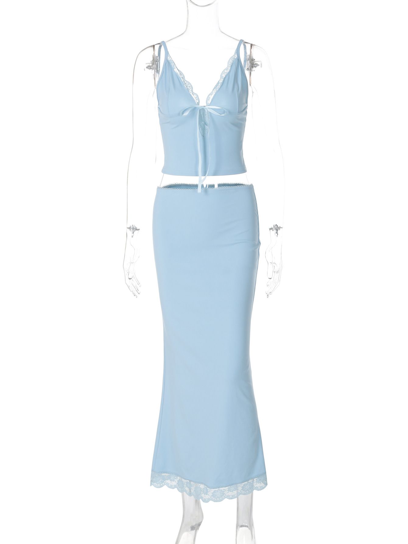 Y2k Matching Suit Women’s 2 Piece Summer Outfits Lace Trim Sleeveless Tie Front Cami Crop Tops and Long Maxi Skirt Set Beachwear