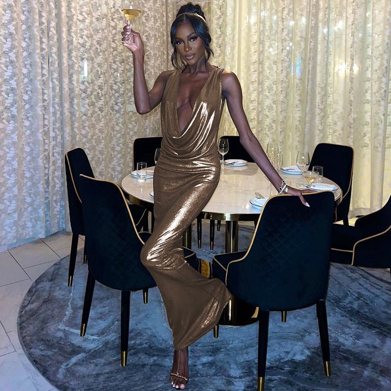 NEW Metallic Gilding Bodycon Party Dress Women Sexy Draped V-neck Sveless Lace Backless bwear Long Robe Birthday Out
