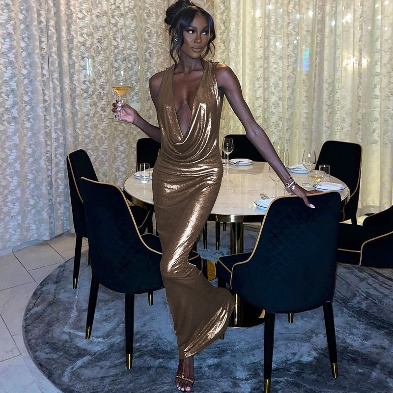 NEW Metallic Gilding Bodycon Party Dress Women Sexy Draped V-neck Sveless Lace Backless bwear Long Robe Birthday Out