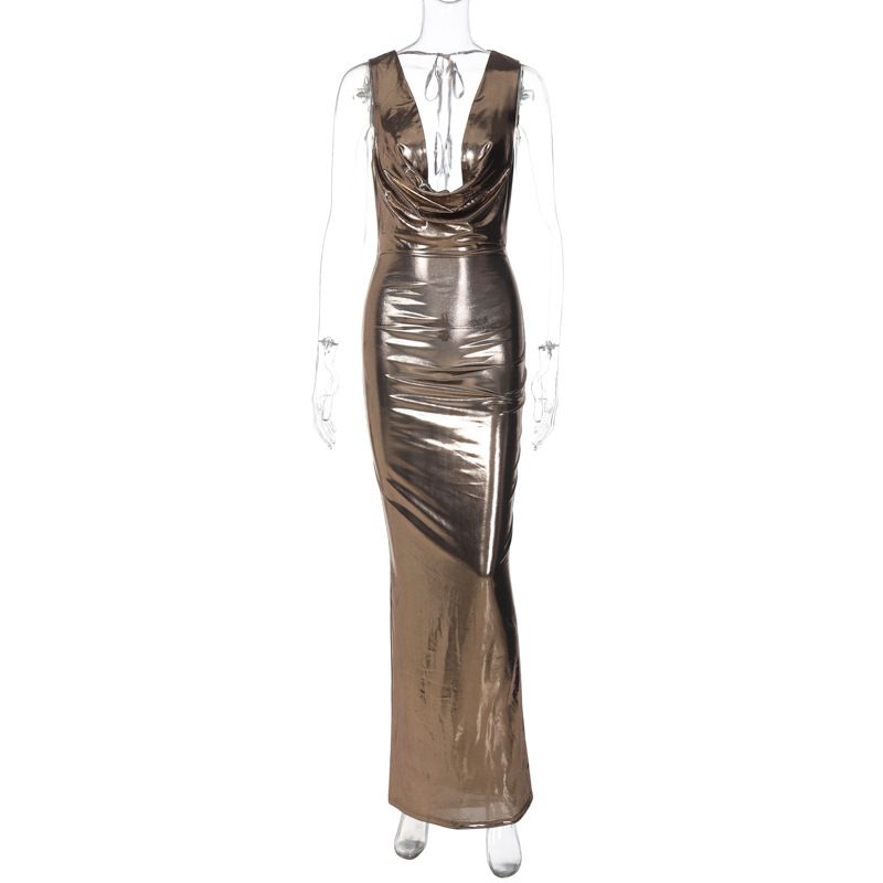 NEW Metallic Gilding Bodycon Party Dress Women Sexy Draped V-neck Sveless Lace Backless bwear Long Robe Birthday Out