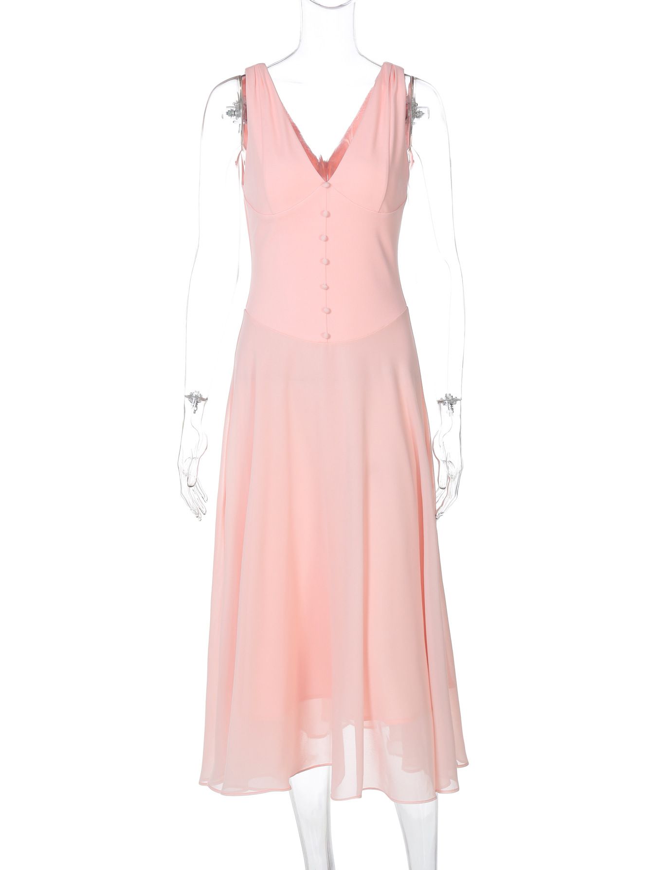 Summer Women Elegant Pink Tank Dresses Sexy Sleeveless V Neck A-line Midi Long Party Dress Chic Lady Vacation Robe