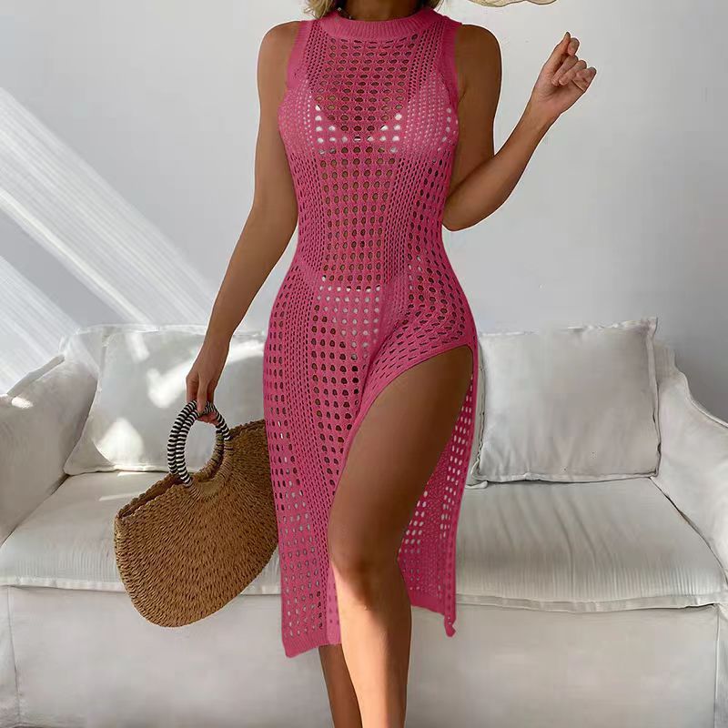 Women Hollow Out Crochet Cover Up Swimwear Sleeveless Bikini Dress Smock Split Sexy Beach Knitwear Solid Only Smock , no bikini includedwimsuit