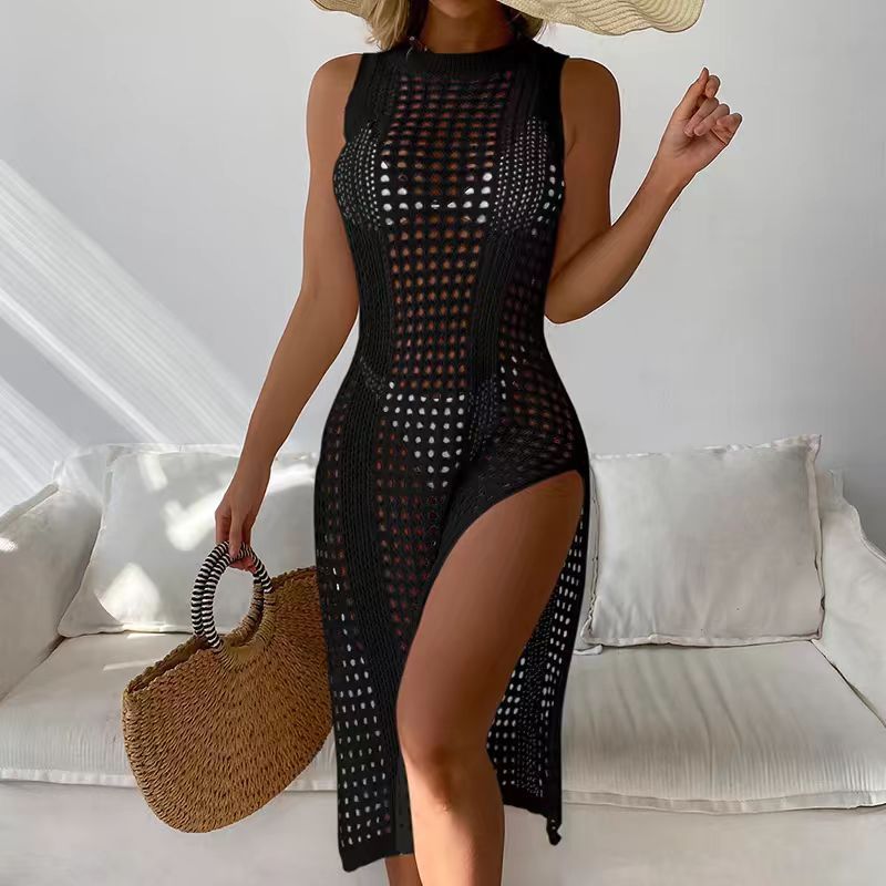 Women Hollow Out Crochet Cover Up Swimwear Sleeveless Bikini Dress Smock Split Sexy Beach Knitwear Solid Only Smock , no bikini includedwimsuit