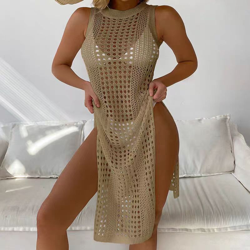 Women Hollow Out Crochet Cover Up Swimwear Sleeveless Bikini Dress Smock Split Sexy Beach Knitwear Solid Only Smock , no bikini includedwimsuit