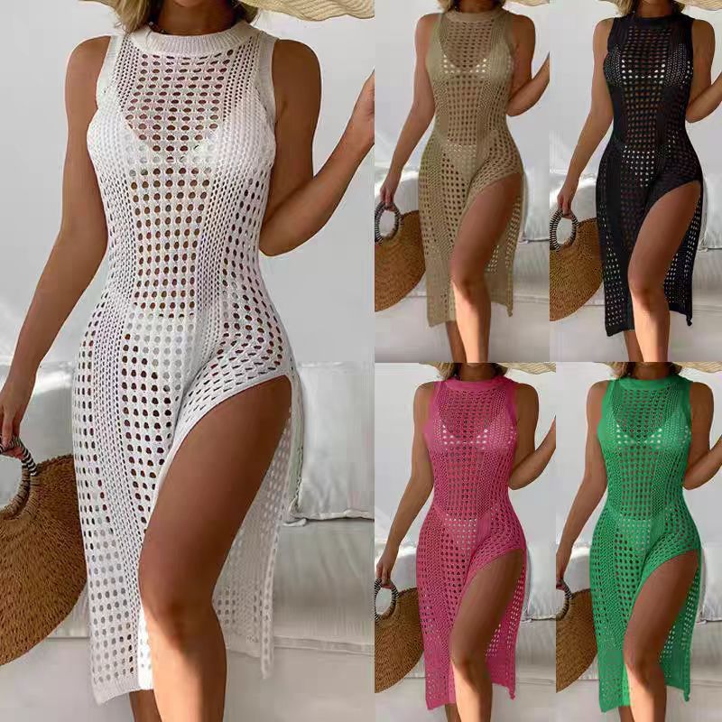 Women Hollow Out Crochet Cover Up Swimwear Sleeveless Bikini Dress Smock Split Sexy Beach Knitwear Solid Only Smock , no bikini includedwimsuit