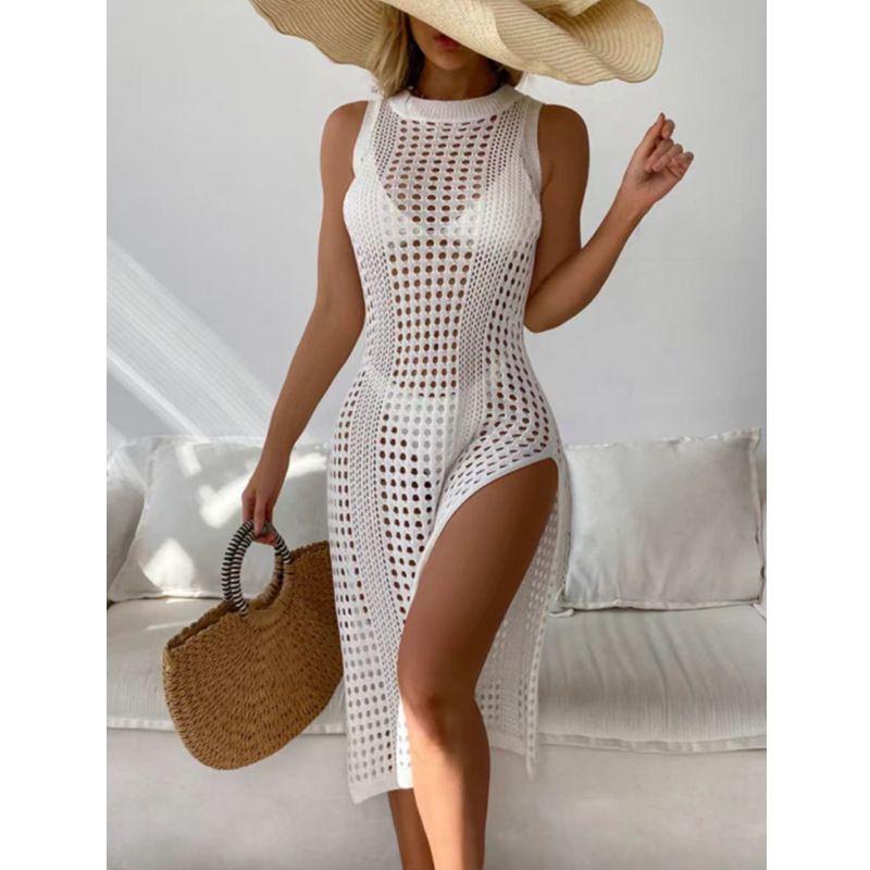 Women Hollow Out Crochet Cover Up Swimwear Sleeveless Bikini Dress Smock Split Sexy Beach Knitwear Solid Only Smock , no bikini includedwimsuit