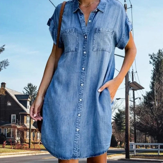 Women Denim Shirt Dresses Short Sleeve Distressed Jean Dress Button Down Casual Tunic Top