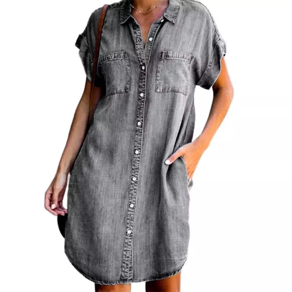 Women Denim Shirt Dresses Short Sleeve Distressed Jean Dress Button Down Casual Tunic Top