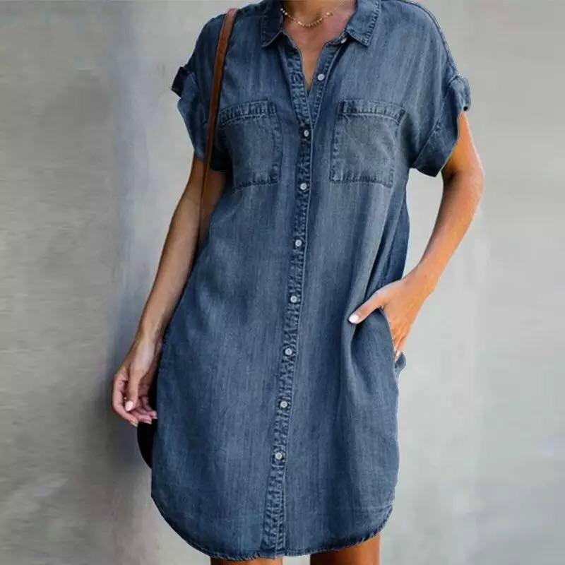 Women Denim Shirt Dresses Short Sleeve Distressed Jean Dress Button Down Casual Tunic Top