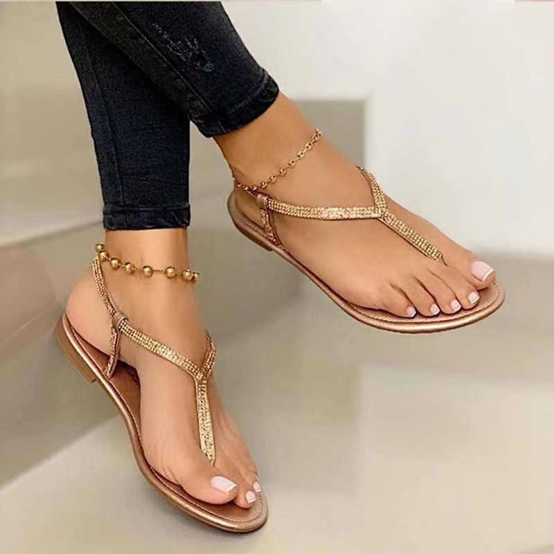 Summer Sandals Women Fashion Round Toe Flats Slides Women Casual Sandals Ladies Flip Flops Roman Low Heel Shiny Sandals