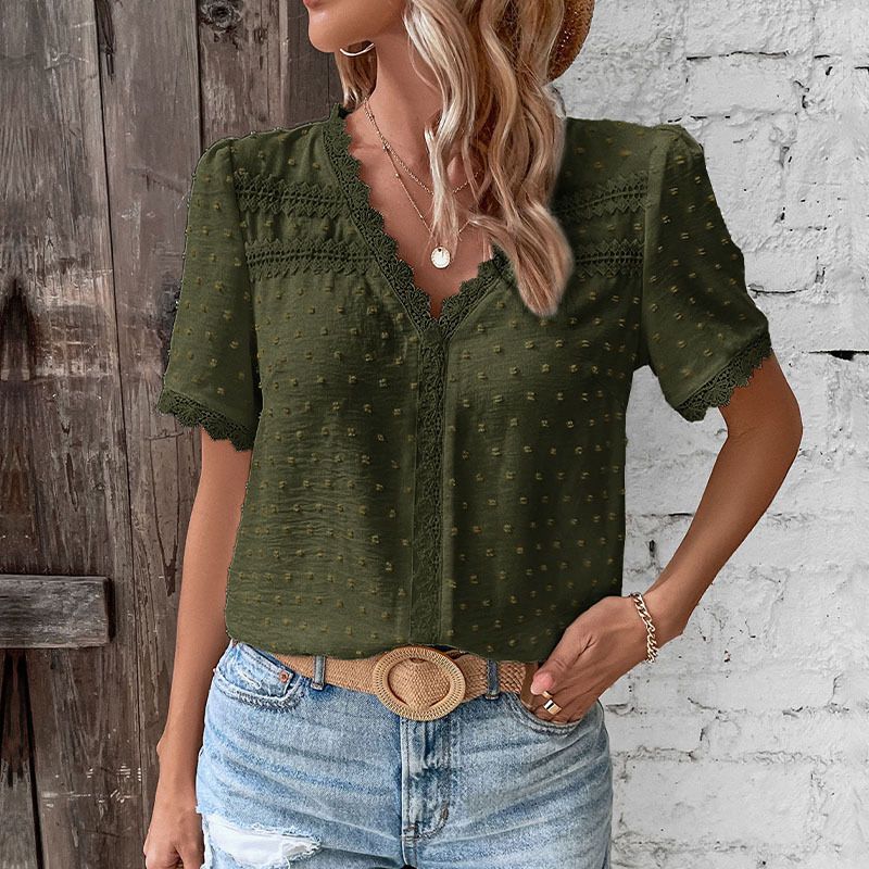 Benuynffy V-neck Lace Swiss Dot Solid Tops Blouse Women Fashion New Summer Short Sleeve Boho Sweet Casual Female Blouses