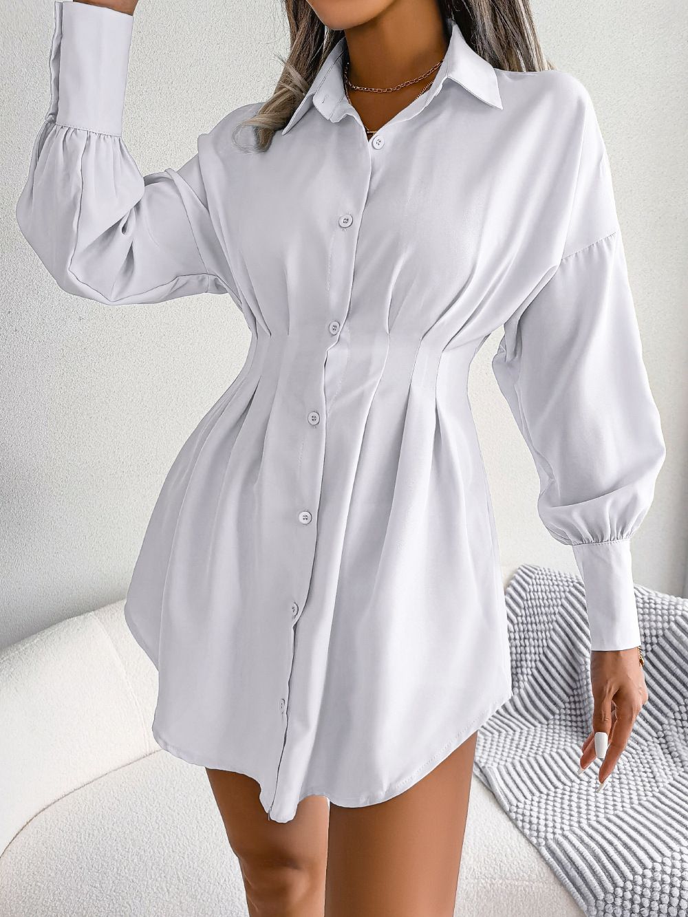 Sexy Women Blouse Slim Deep V Puff Sleeve Shirtdress Long Sleeve Shirt Solid Vintage Blouse Turndown Collar Shirts Work Blouse