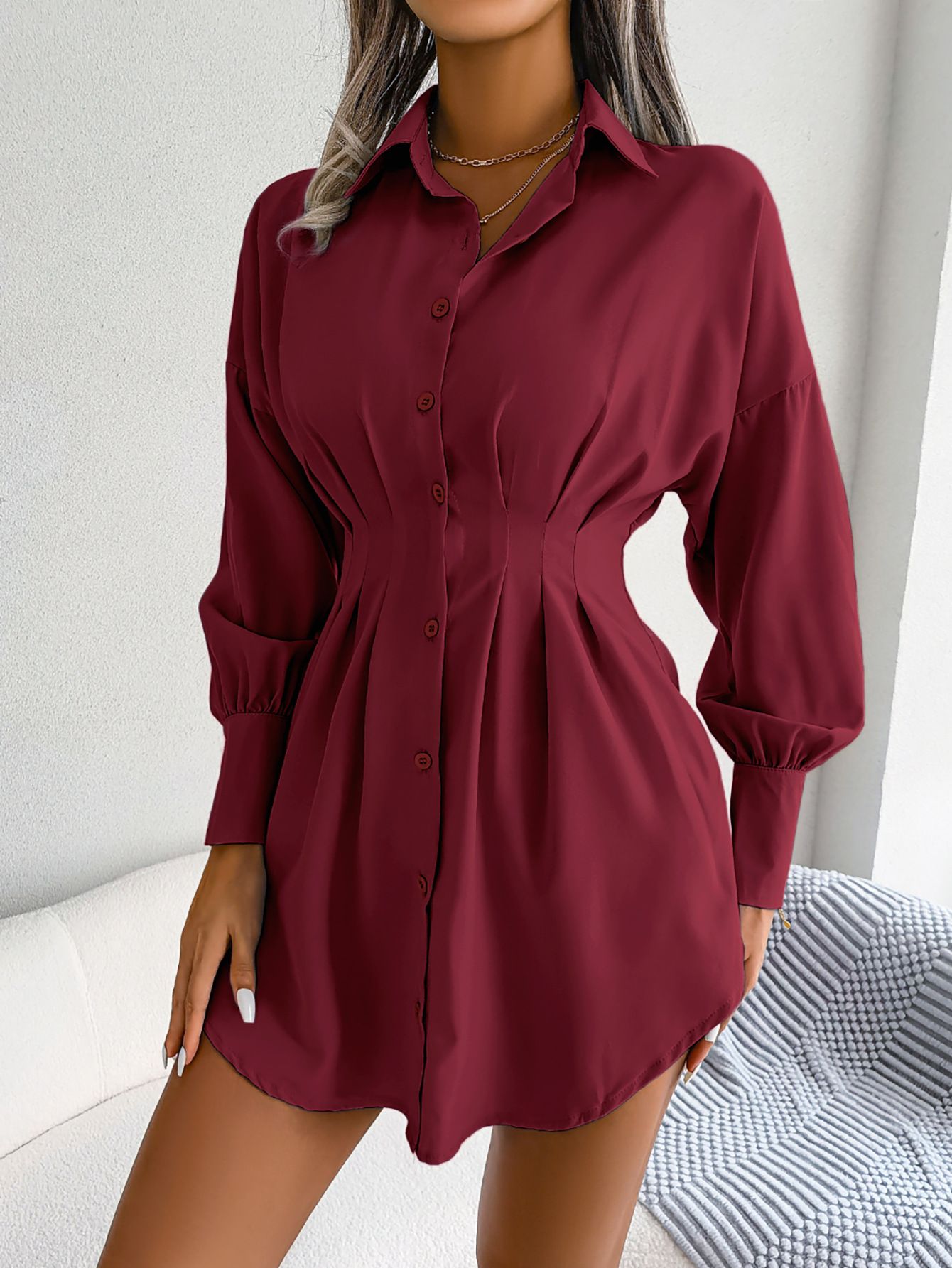 Sexy Women Blouse Slim Deep V Puff Sleeve Shirtdress Long Sleeve Shirt Solid Vintage Blouse Turndown Collar Shirts Work Blouse