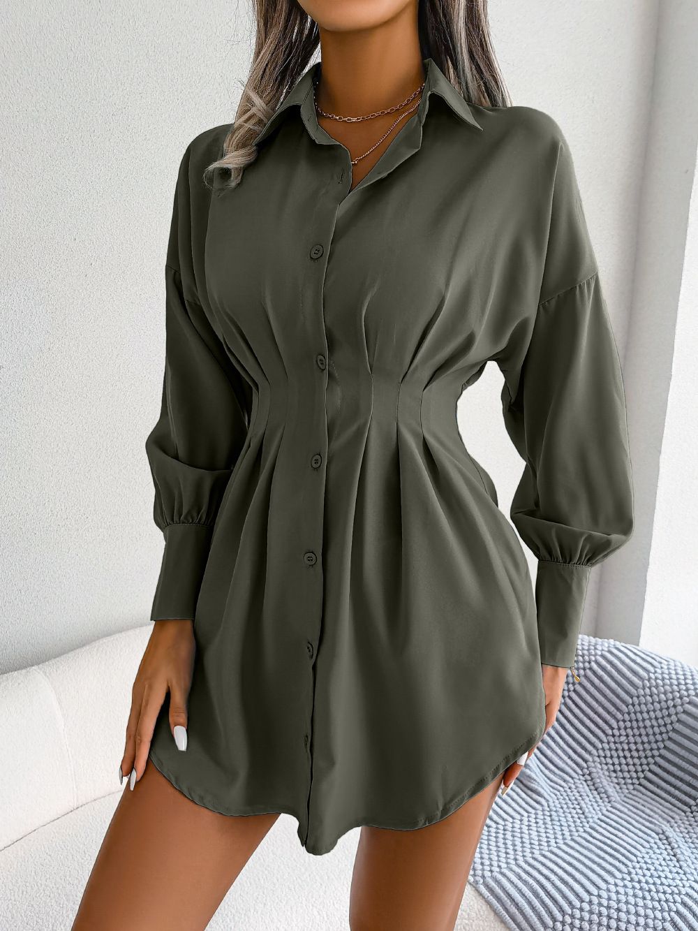 Sexy Women Blouse Slim Deep V Puff Sleeve Shirtdress Long Sleeve Shirt Solid Vintage Blouse Turndown Collar Shirts Work Blouse