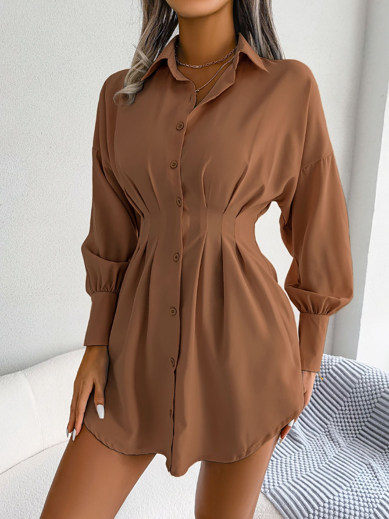 Sexy Women Blouse Slim Deep V Puff Sleeve Shirtdress Long Sleeve Shirt Solid Vintage Blouse Turndown Collar Shirts Work Blouse