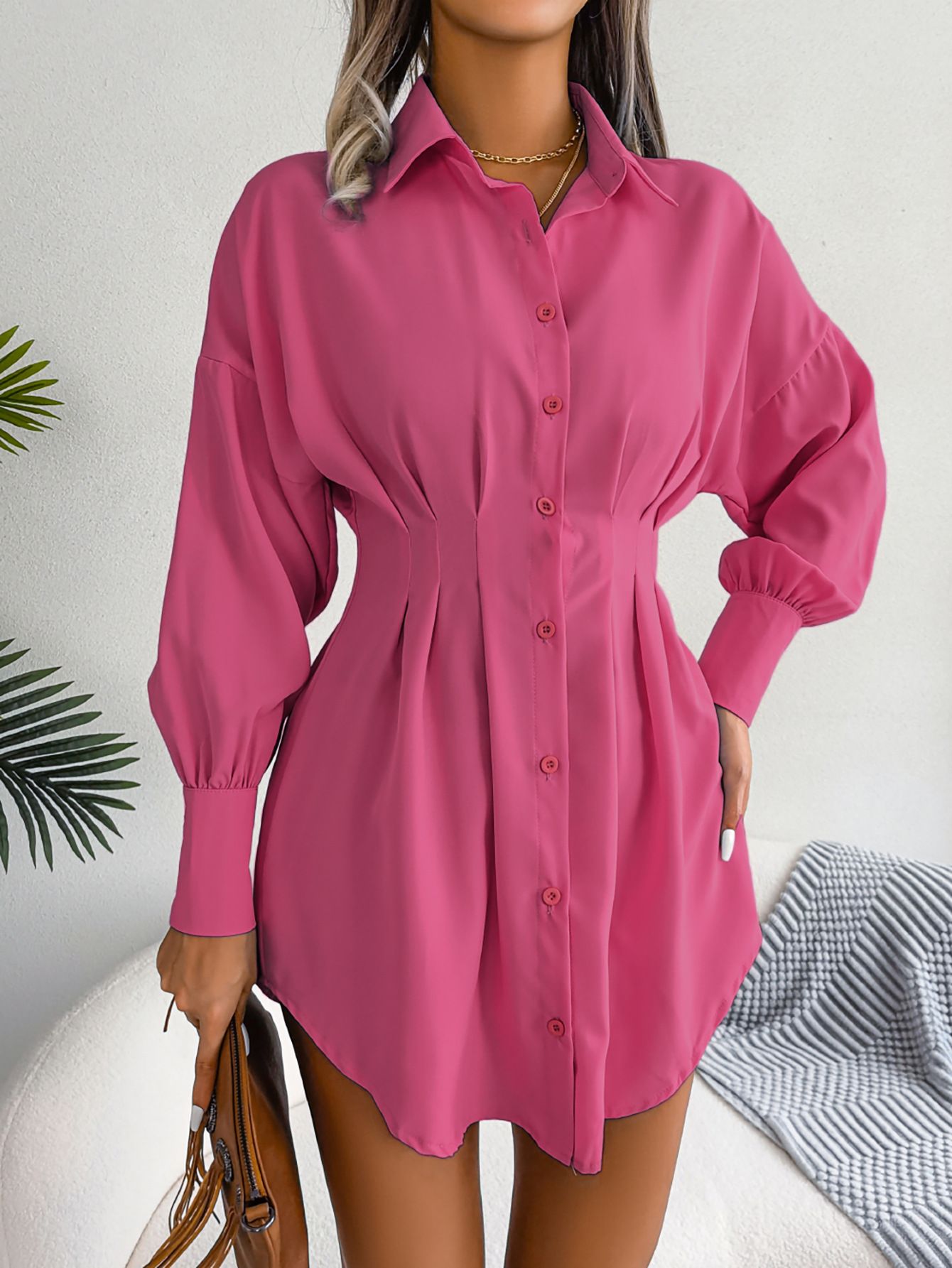 Sexy Women Blouse Slim Deep V Puff Sleeve Shirtdress Long Sleeve Shirt Solid Vintage Blouse Turndown Collar Shirts Work Blouse