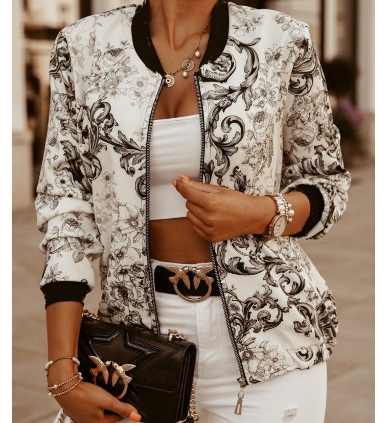 Casual Floral Printed Plus Size Bomber Jacket Autumn Elegant Zipper Coat Office Wear Slim Office Jackets Vintage Outwear