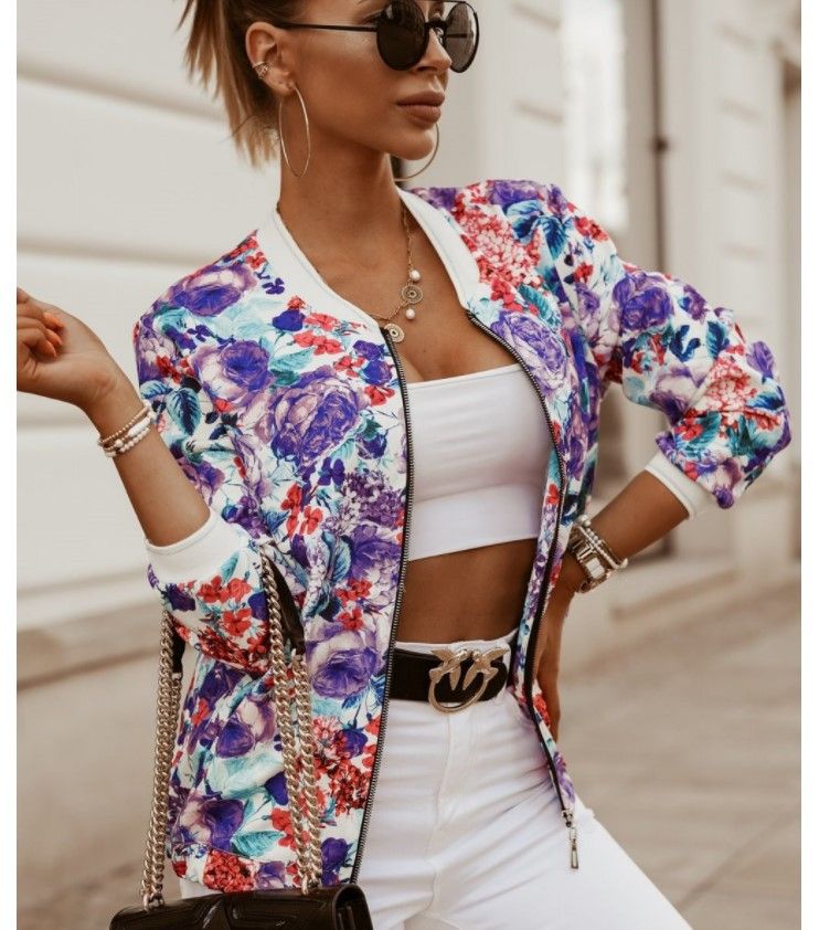 Casual Floral Printed Plus Size Bomber Jacket Autumn Elegant Zipper Coat Office Wear Slim Office Jackets Vintage Outwear