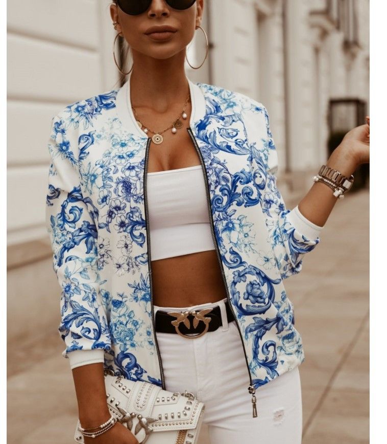 Casual Floral Printed Plus Size Bomber Jacket Autumn Elegant Zipper Coat Office Wear Slim Office Jackets Vintage Outwear