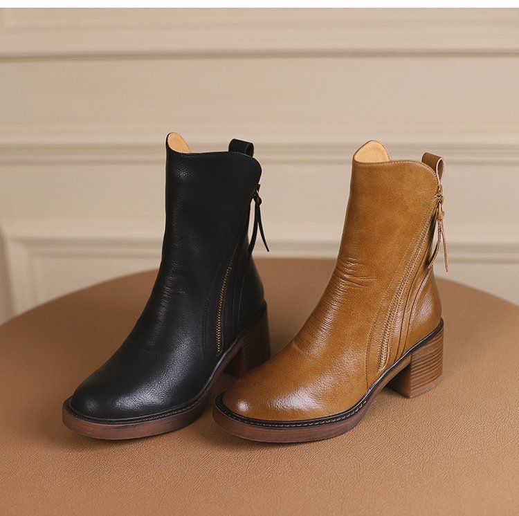 Women's Platform Chelsea Boots New Round Toe Chunky Heel Women Brown Ankle Boots Outdoor High Heel Leather Boots Zapatos Mujer