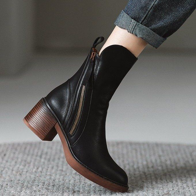 Women's Platform Chelsea Boots New Round Toe Chunky Heel Women Brown Ankle Boots Outdoor High Heel Leather Boots Zapatos Mujer