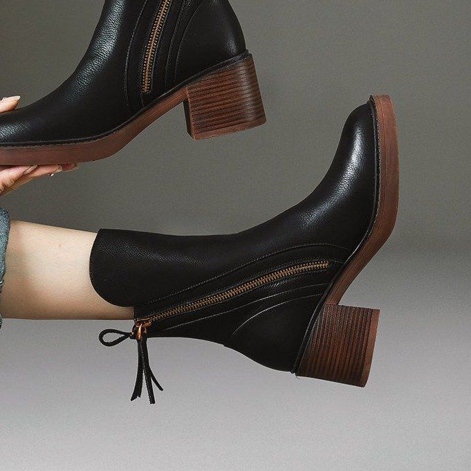 Women's Platform Chelsea Boots New Round Toe Chunky Heel Women Brown Ankle Boots Outdoor High Heel Leather Boots Zapatos Mujer