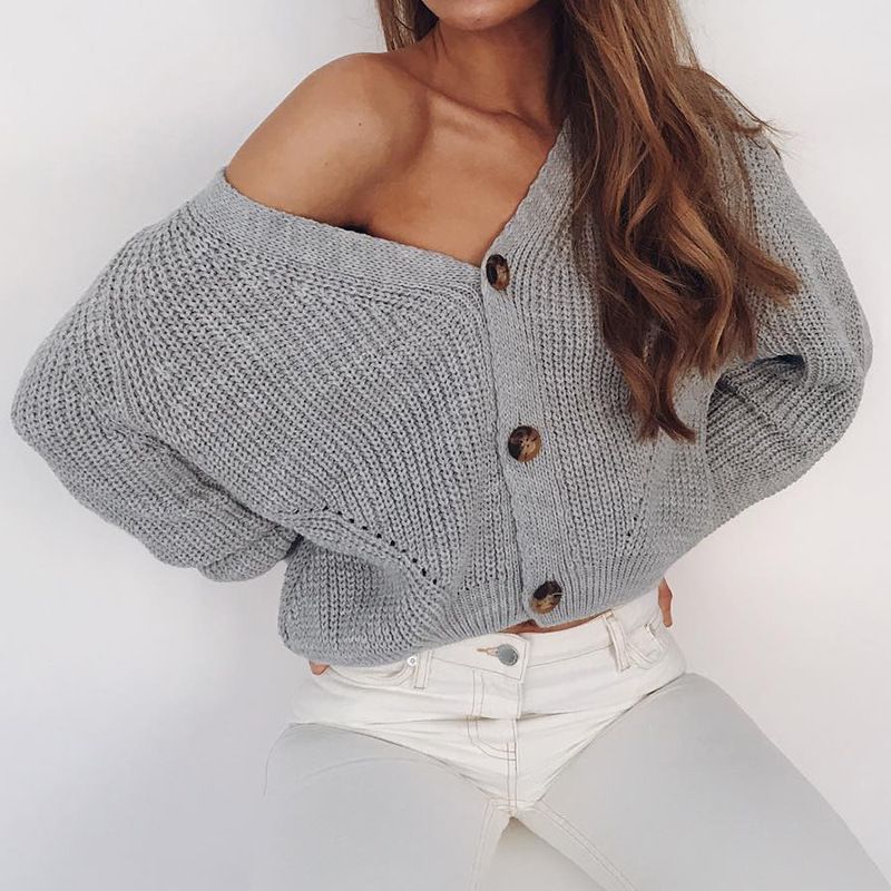 Fashion Winter Grey Cardigan Sweater Women Cozy Soft Knit Button Up V-Neck Jumper Basic Knitwear Autumn Winter Female Tops