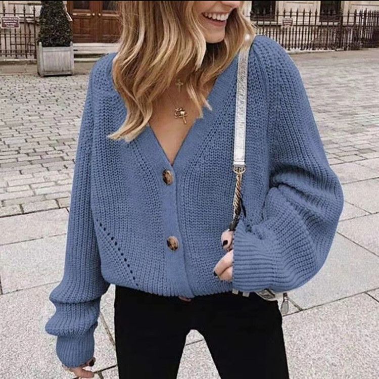 Fashion Winter Grey Cardigan Sweater Women Cozy Soft Knit Button Up V-Neck Jumper Basic Knitwear Autumn Winter Female Tops