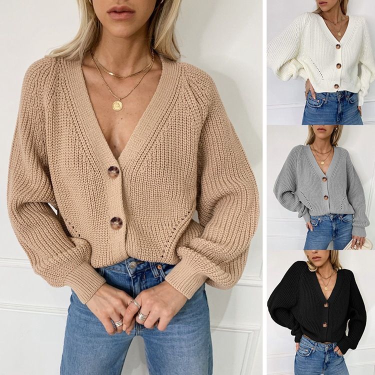 Fashion Winter Grey Cardigan Sweater Women Cozy Soft Knit Button Up V-Neck Jumper Basic Knitwear Autumn Winter Female Tops