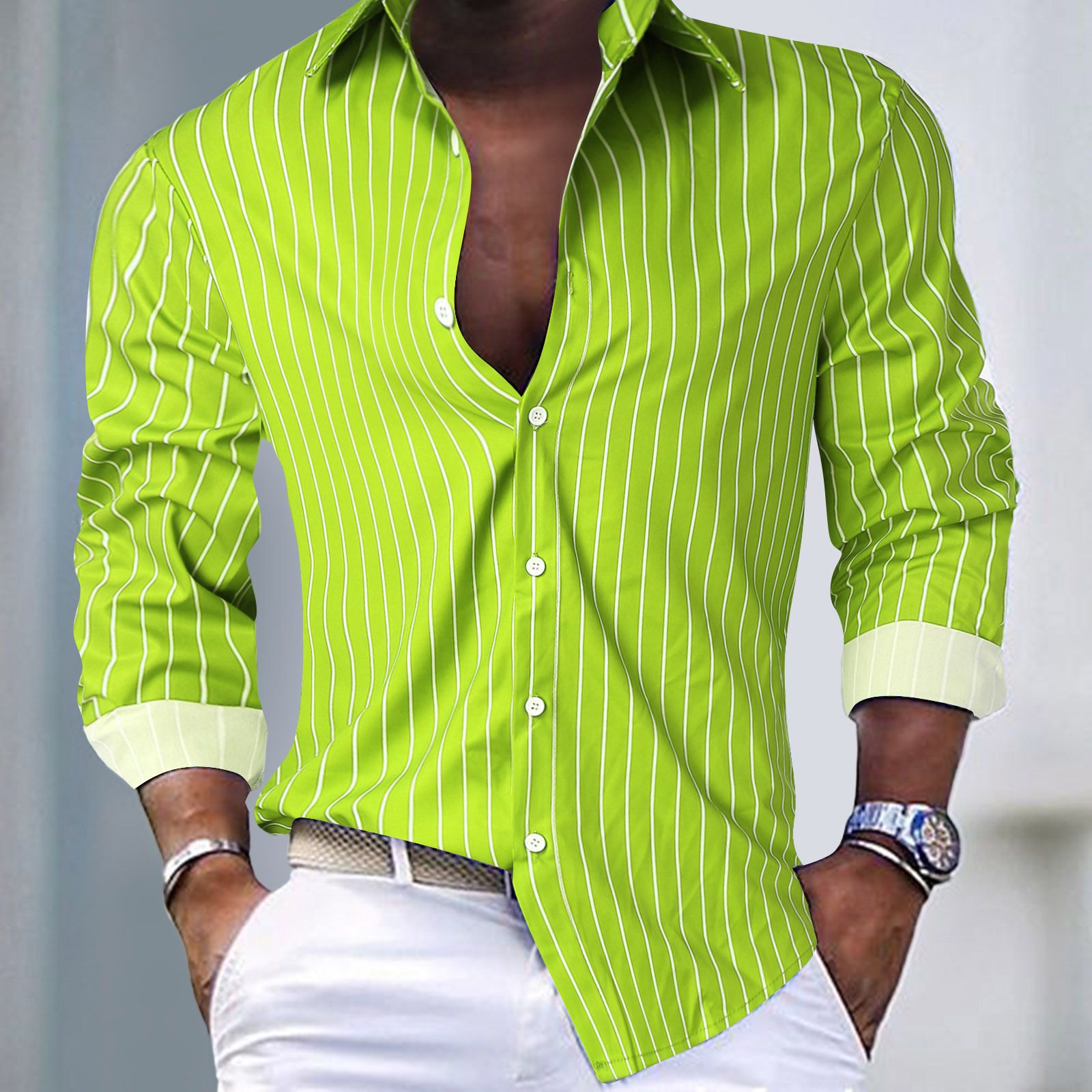 Spring and Summer Men's Casual Fashion Stripe Printed Top Daily Office Shirt