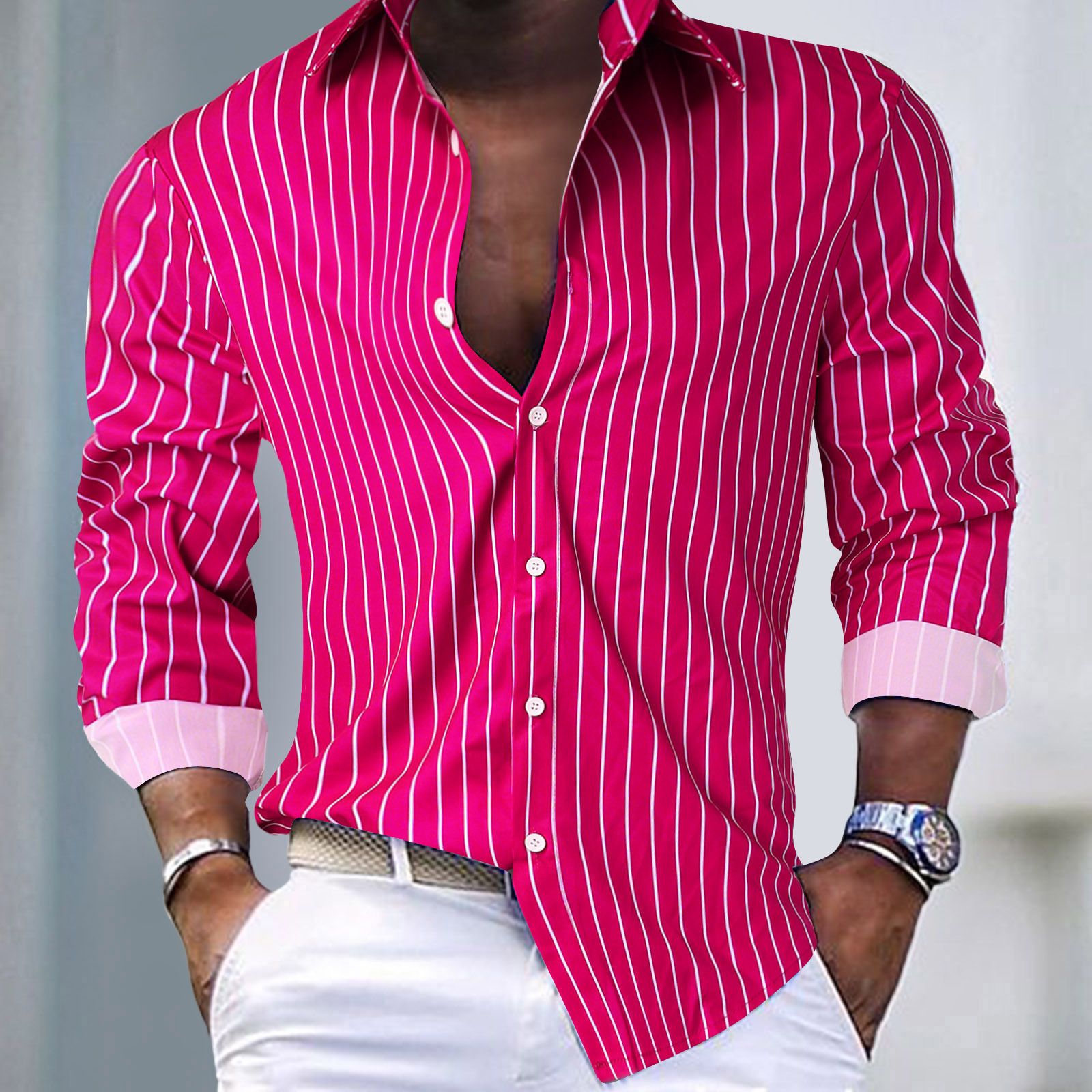 Spring and Summer Men's Casual Fashion Stripe Printed Top Daily Office Shirt