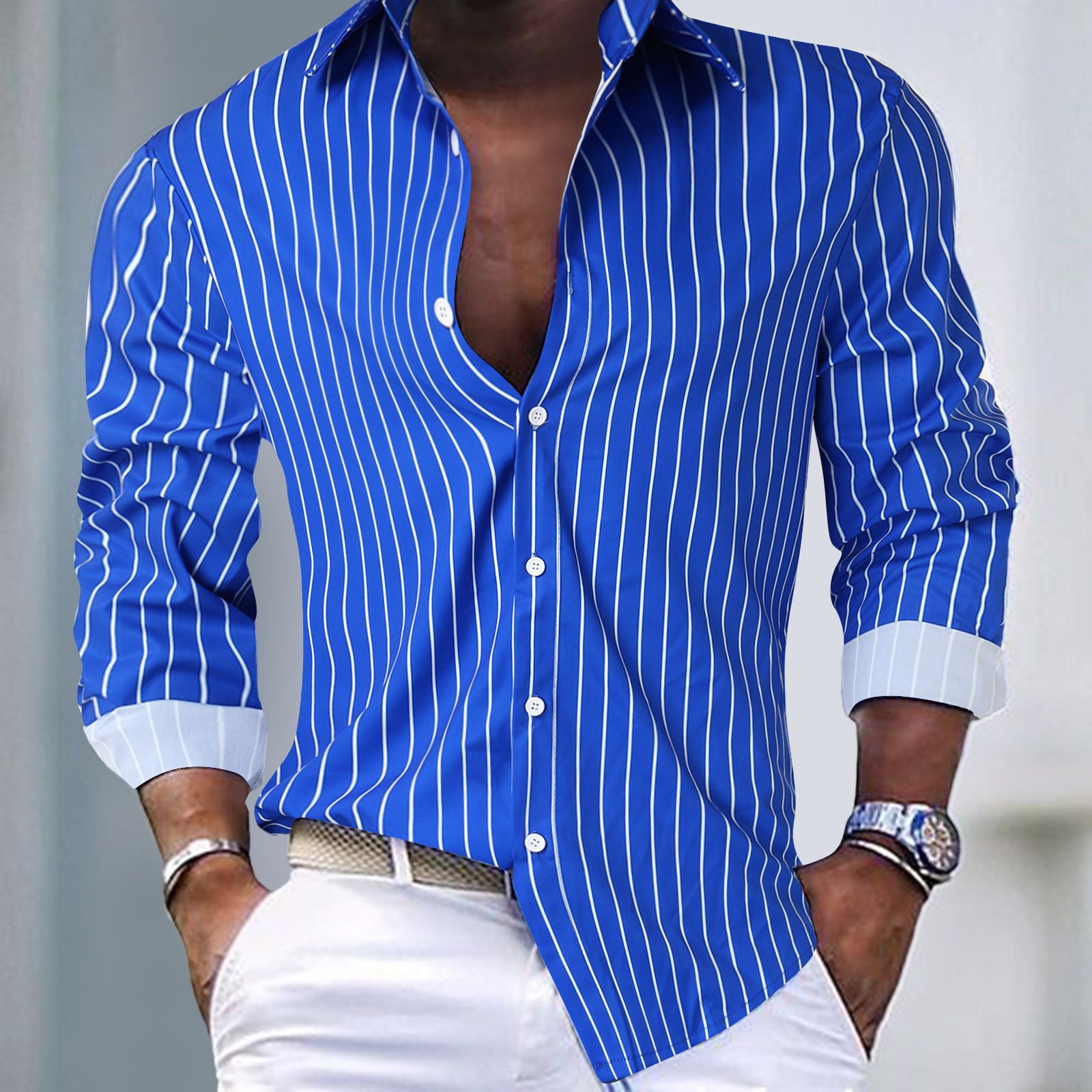 Spring and Summer Men's Casual Fashion Stripe Printed Top Daily Office Shirt