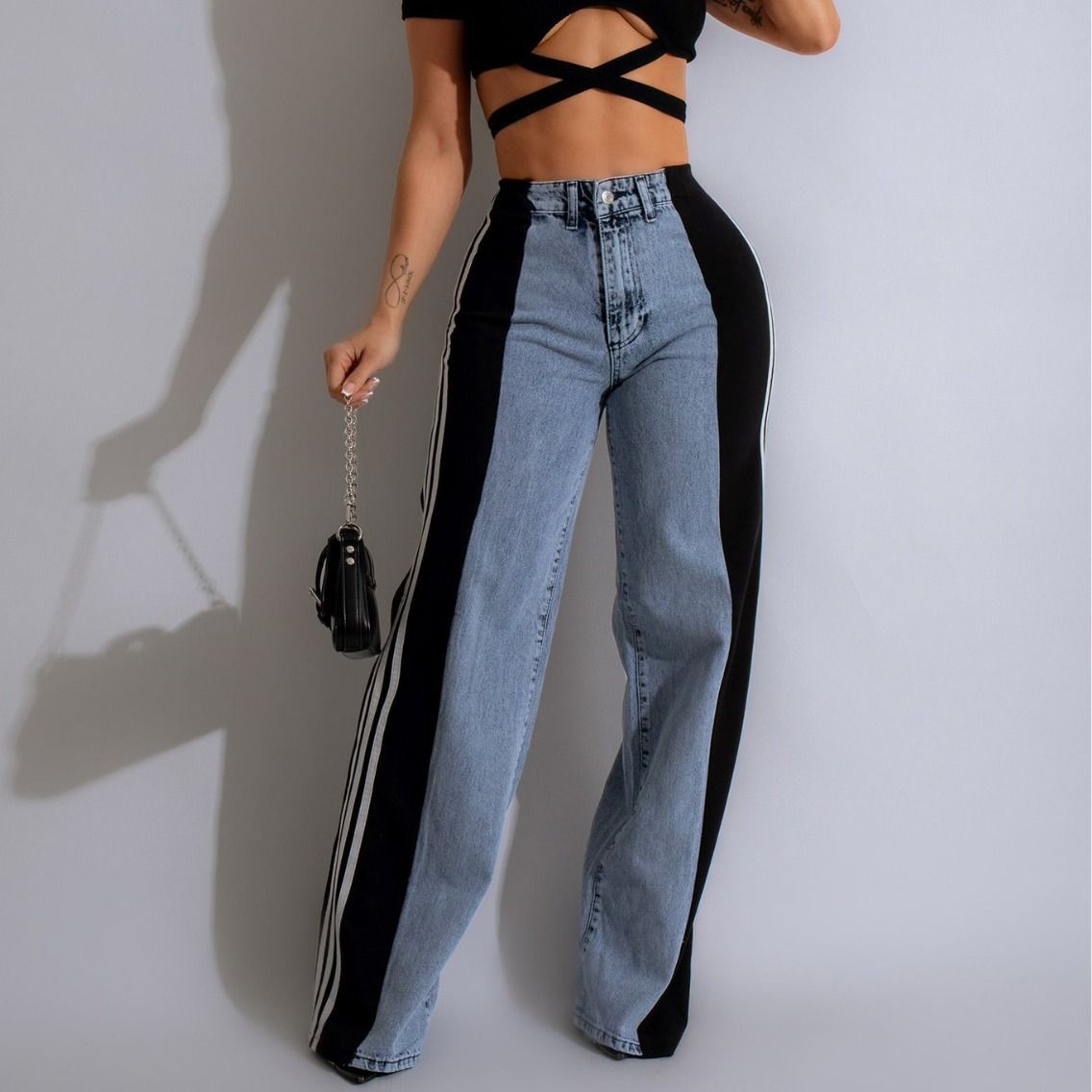Stripe Blue Baggy Jeans for Women Fashion Retro Streetwear Y2k Wide Leg Jeans Women's High Waisted Pants Denim