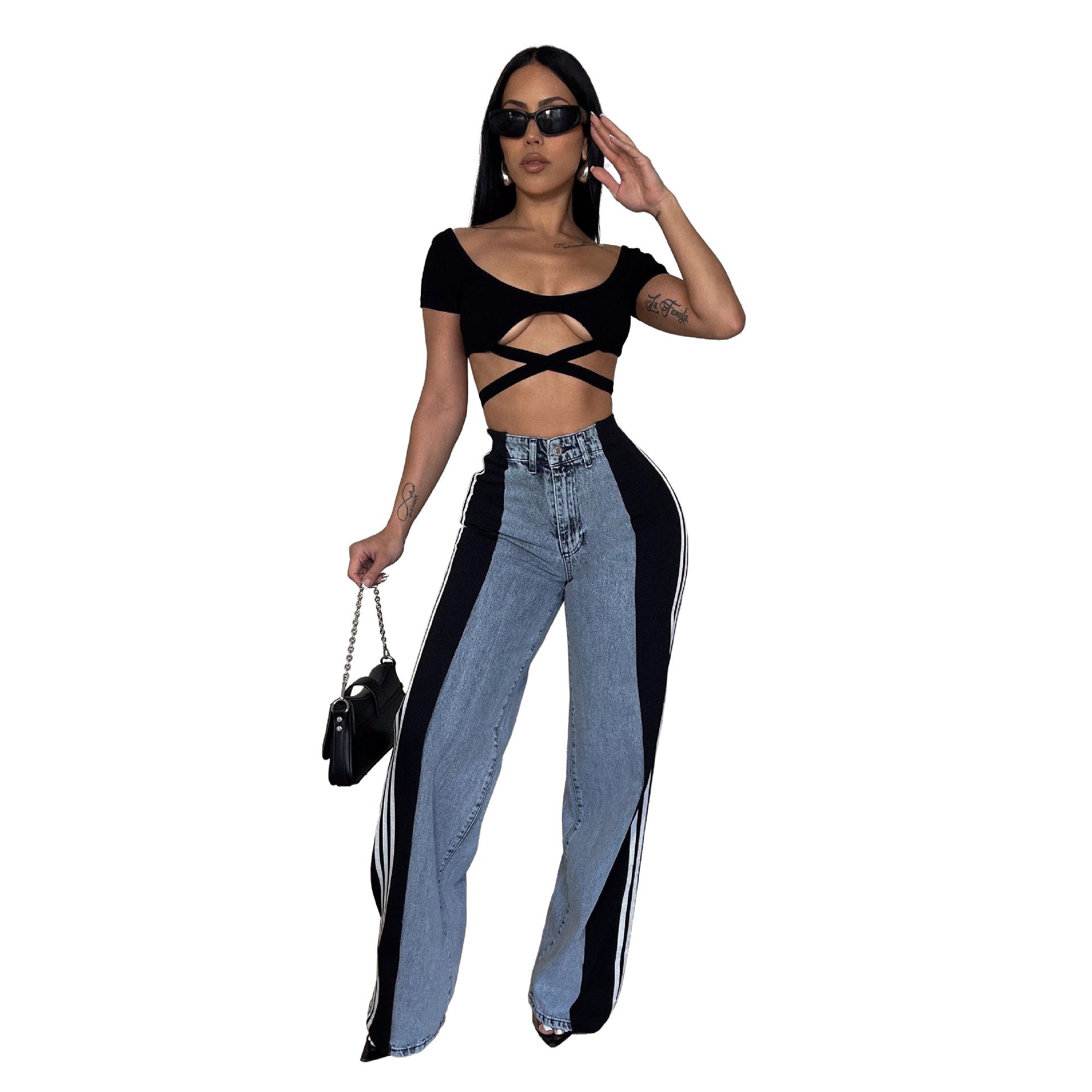 Stripe Blue Baggy Jeans for Women Fashion Retro Streetwear Y2k Wide Leg Jeans Women's High Waisted Pants Denim