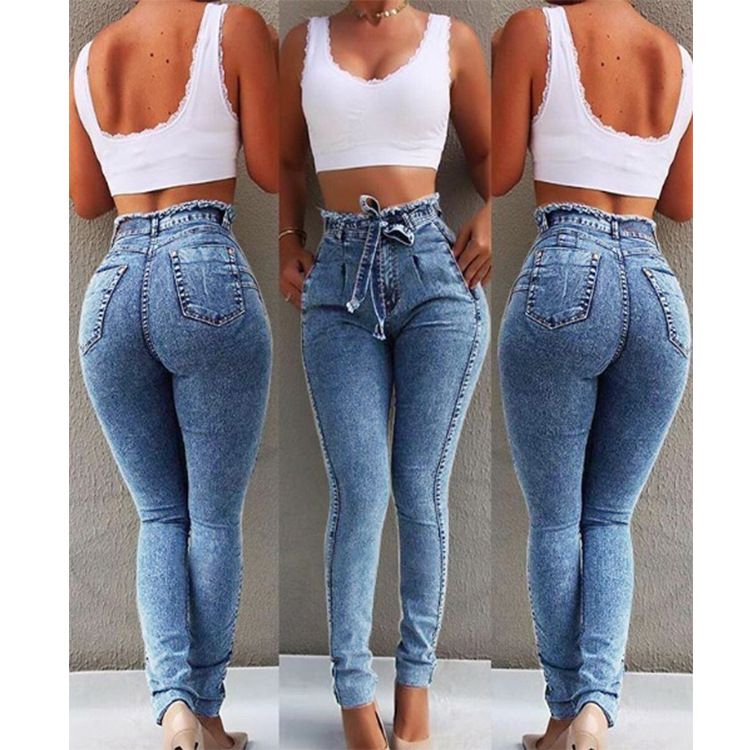Fashion Belted High Waist Skinny Jeans Women Slim Tassel Waistband Stretch Denim Long Pencil Pants Jeans
