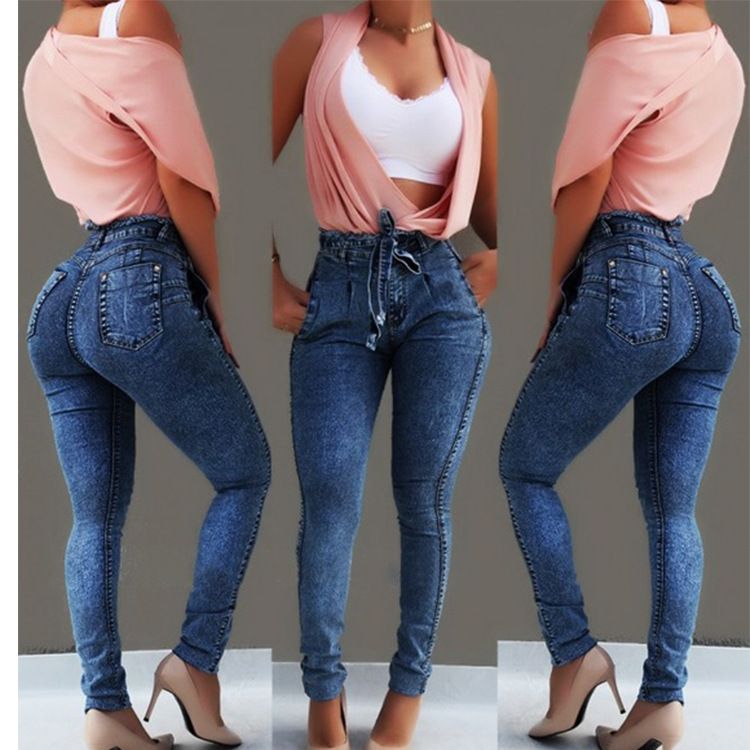 Fashion Belted High Waist Skinny Jeans Women Slim Tassel Waistband Stretch Denim Long Pencil Pants Jeans