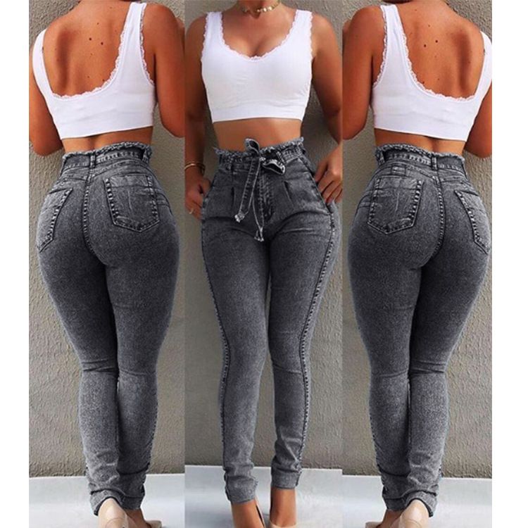 Fashion Belted High Waist Skinny Jeans Women Slim Tassel Waistband Stretch Denim Long Pencil Pants Jeans