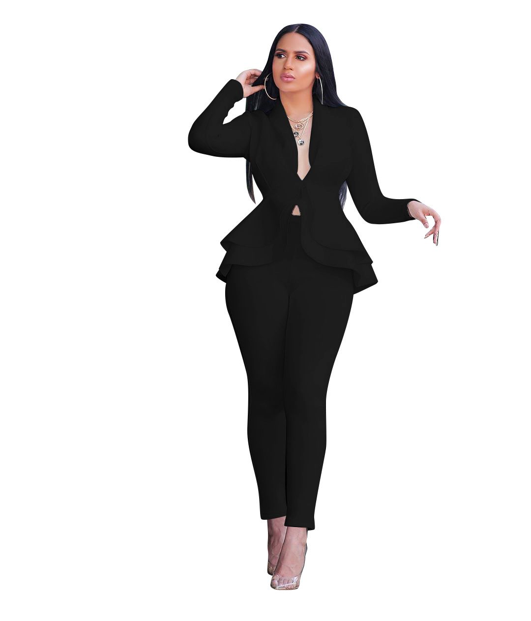 Women Fashion Women's Set Tracksuit Full Sleeve Ruffles Blazers Pants Suit Two Piece Set Office Lady Business Wear Uniform