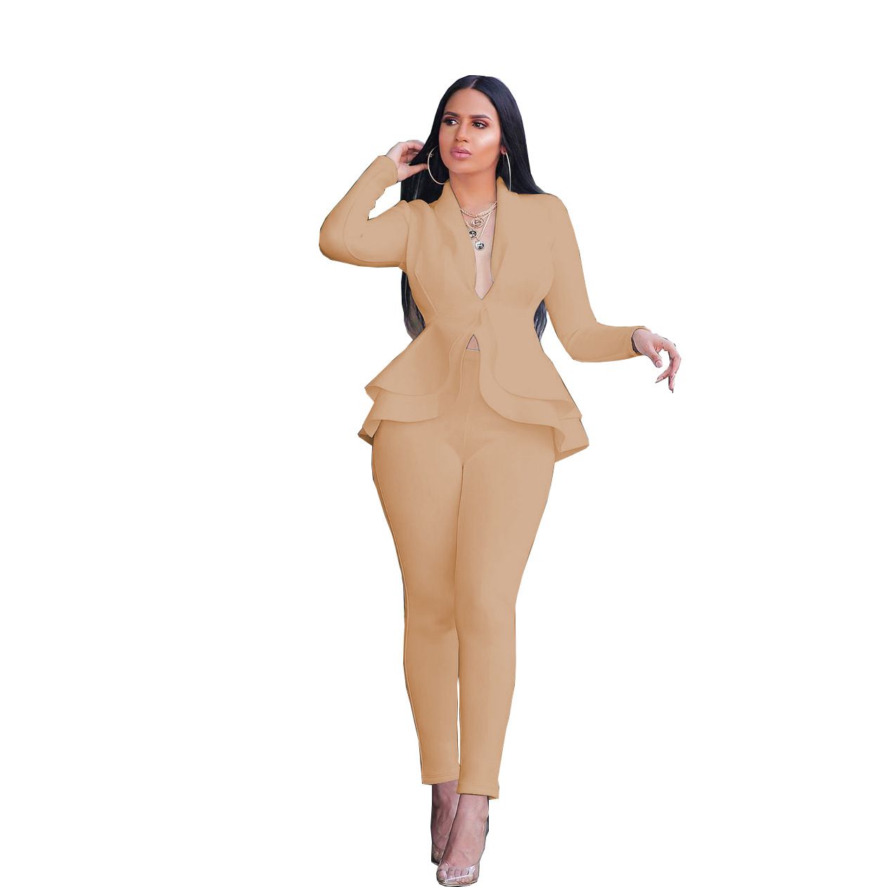 Women Fashion Women's Set Tracksuit Full Sleeve Ruffles Blazers Pants Suit Two Piece Set Office Lady Business Wear Uniform