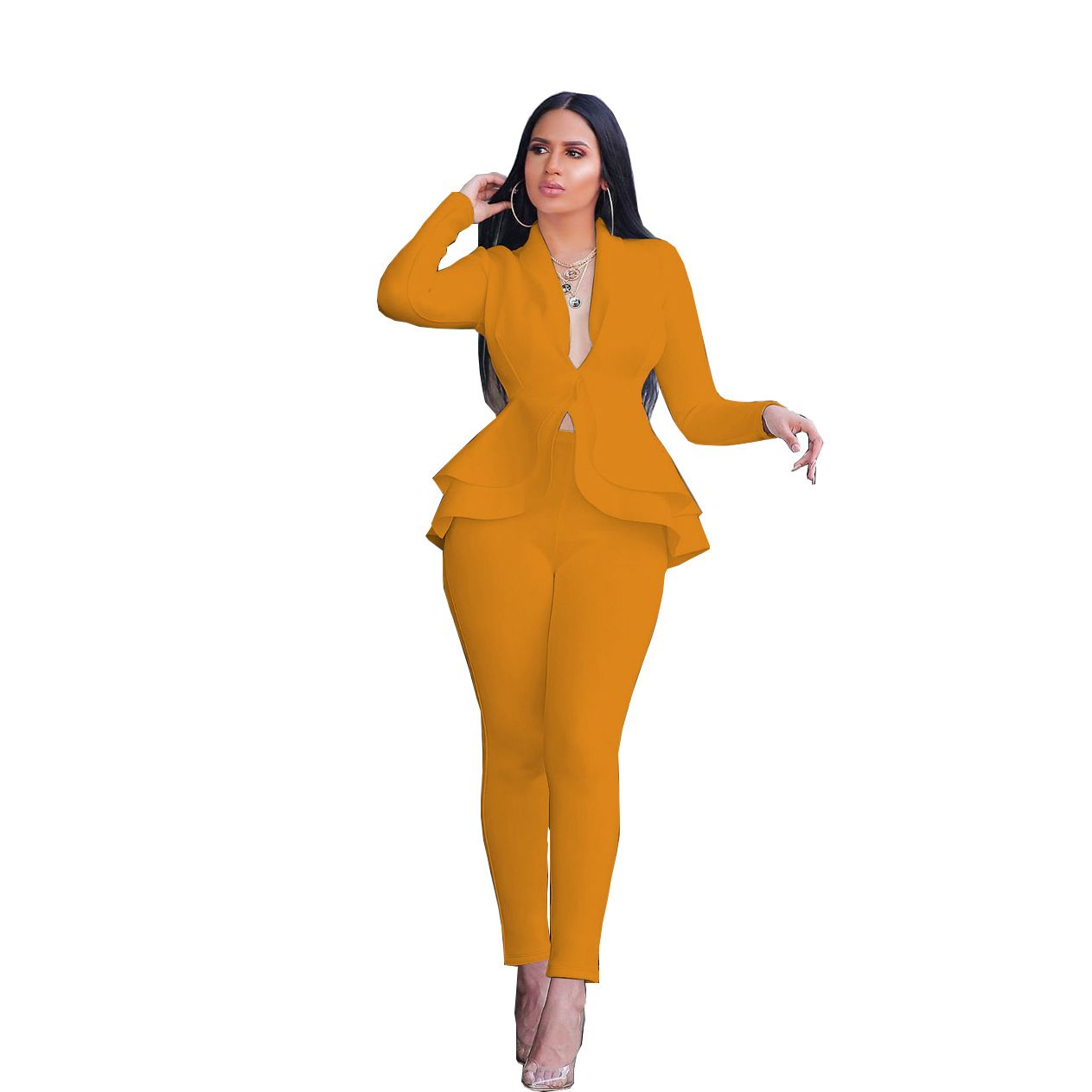 Women Fashion Women's Set Tracksuit Full Sleeve Ruffles Blazers Pants Suit Two Piece Set Office Lady Business Wear Uniform