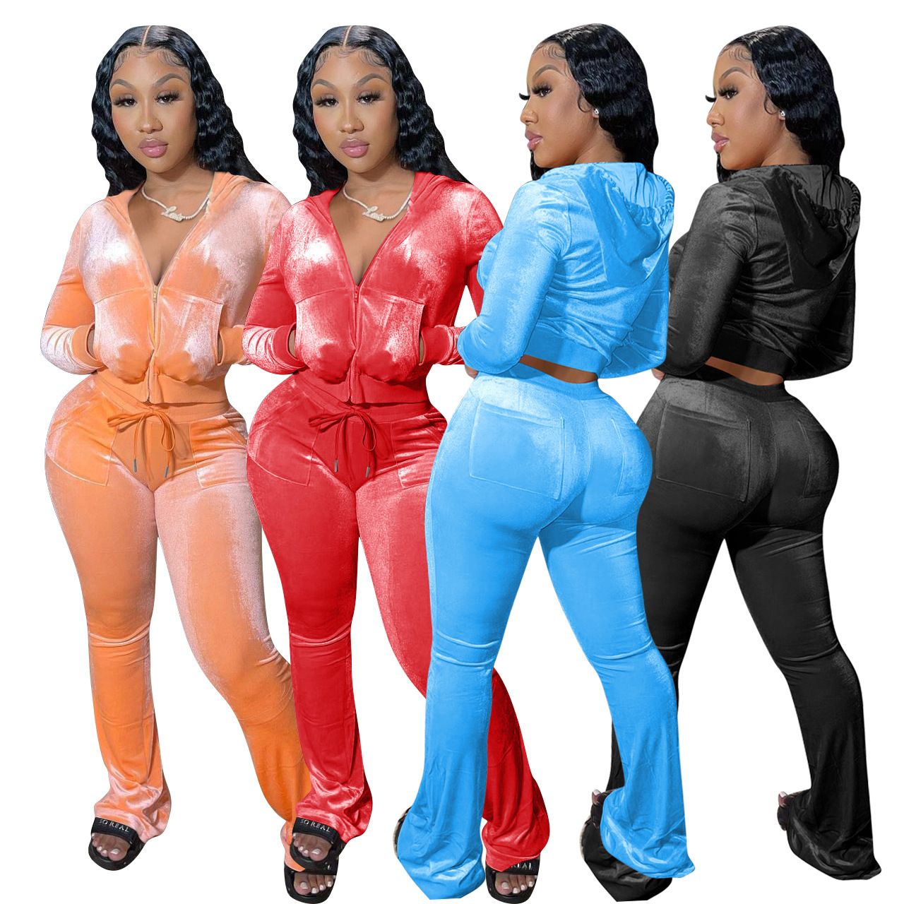 Hot Sale Fall Women's hoodie Set Zipper Pocket Crop Top Jacket Velvet Jogging suit Velour tracksuits Women Two Piece set