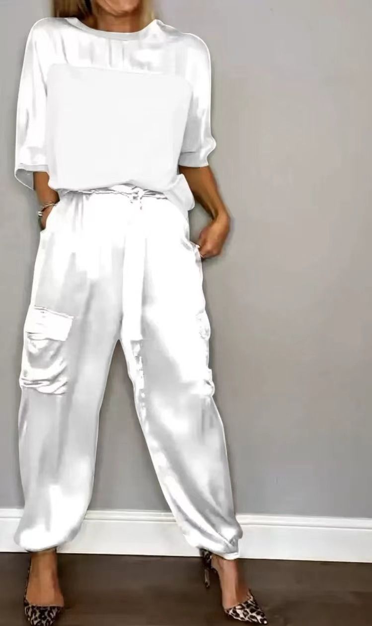 Women's Smooth Satin Short-sleeved Top and Pants Two-piece Set O-neck Lace Up Outfits Loose and Elegant Women's Two Piece Set