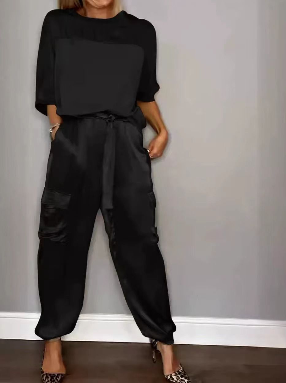 Women's Smooth Satin Short-sleeved Top and Pants Two-piece Set O-neck Lace Up Outfits Loose and Elegant Women's Two Piece Set