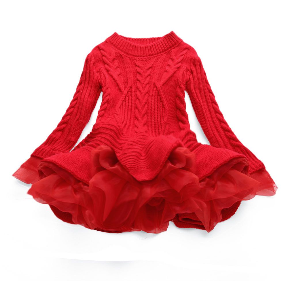 Girl Dress Christmas Wedding Party Dresses Knitted Sweater Chiffon Warm Winter Children Clothing Kids Clothes Baby Girl Dresses