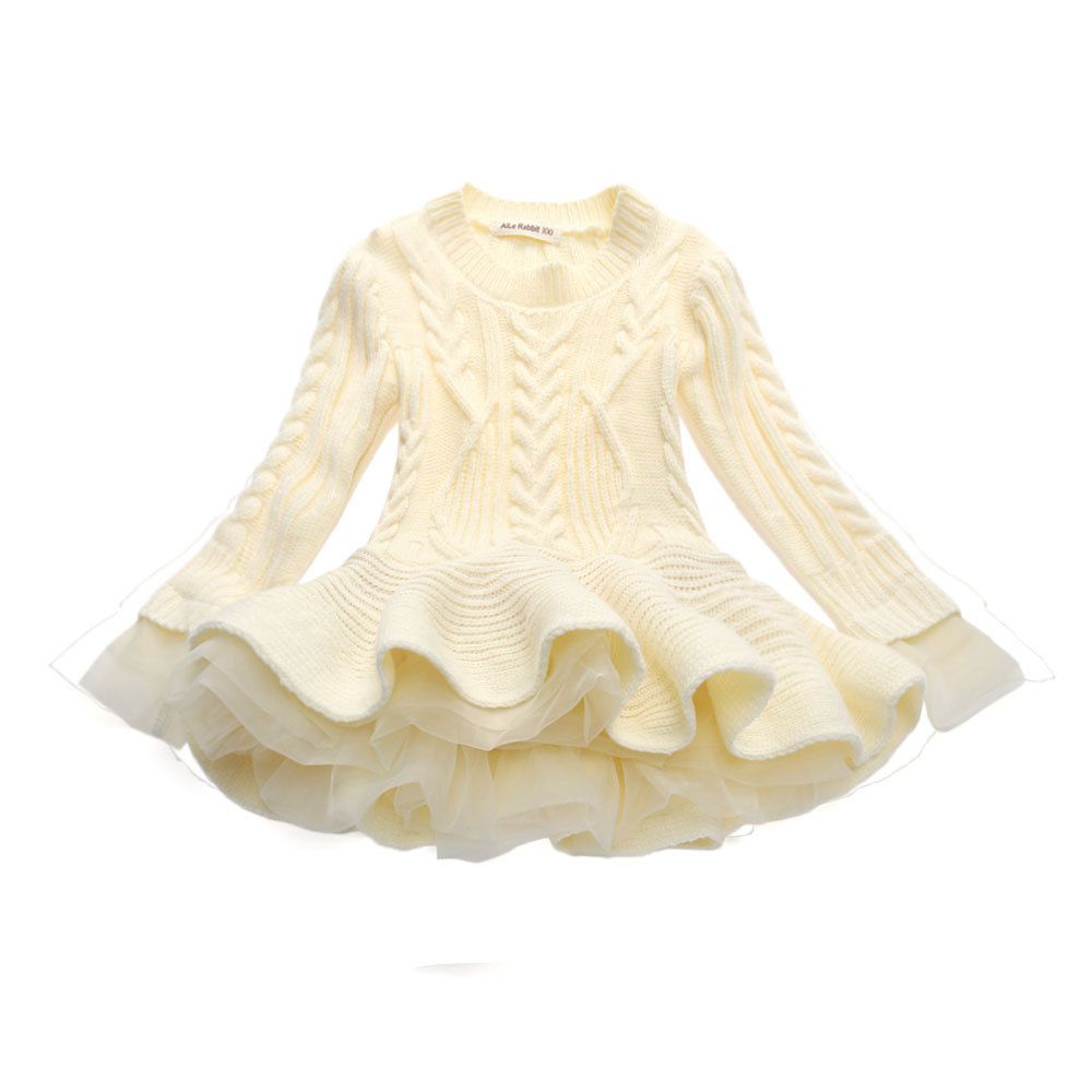 Girl Dress Christmas Wedding Party Dresses Knitted Sweater Chiffon Warm Winter Children Clothing Kids Clothes Baby Girl Dresses