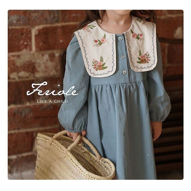 Humor Bear Blue Long Casual Dress Embroidered Kid Clothes Girl Graceful Sleeve Lapel Children Dress