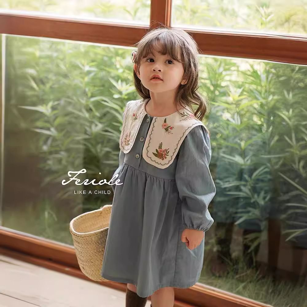 Humor Bear Blue Long Casual Dress Embroidered Kid Clothes Girl Graceful Sleeve Lapel Children Dress