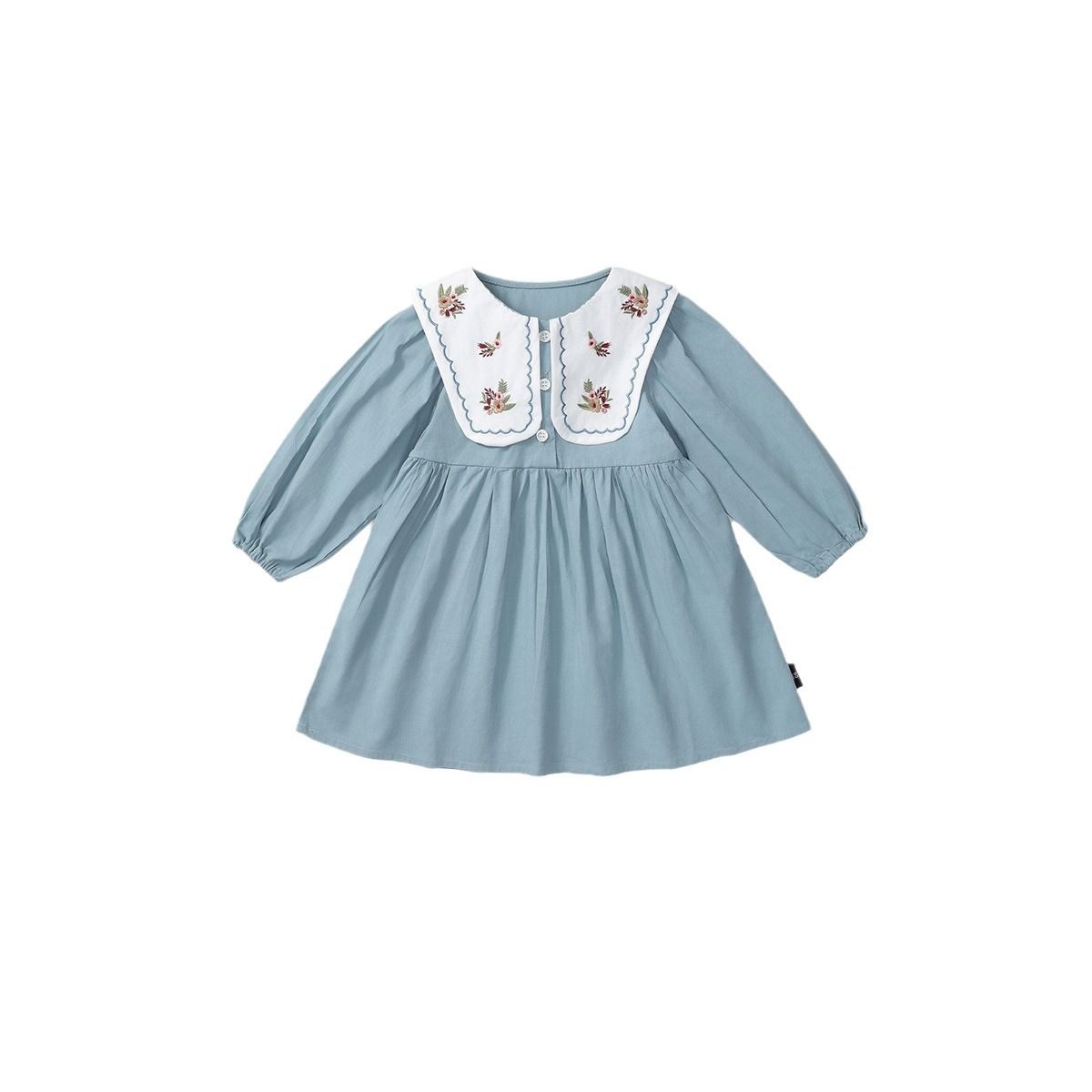 Humor Bear Blue Long Casual Dress Embroidered Kid Clothes Girl Graceful Sleeve Lapel Children Dress