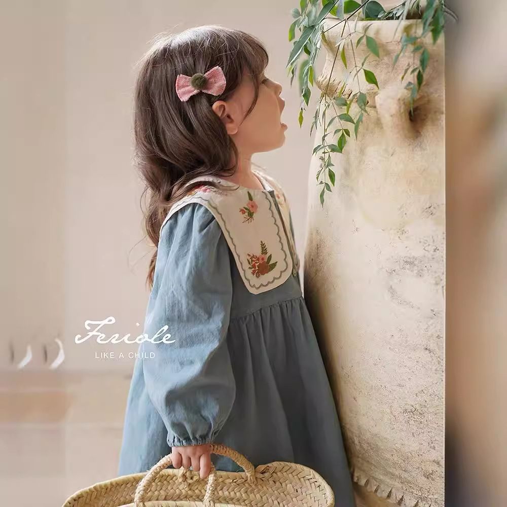 Humor Bear Blue Long Casual Dress Embroidered Kid Clothes Girl Graceful Sleeve Lapel Children Dress